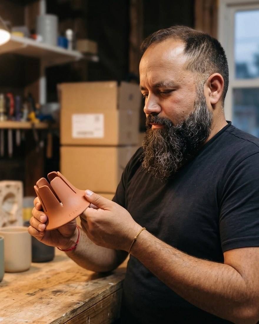 Scott Rodriguez at a workbench, holding a terracotta Steadi and looking at it, with shipping boxes behind him.