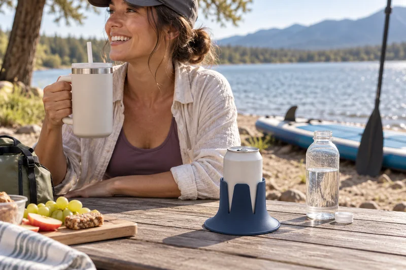 Adult paddleboarder resting at shore picnic table water near hand board stored fully ashore behind. AI lifestyle illustration.