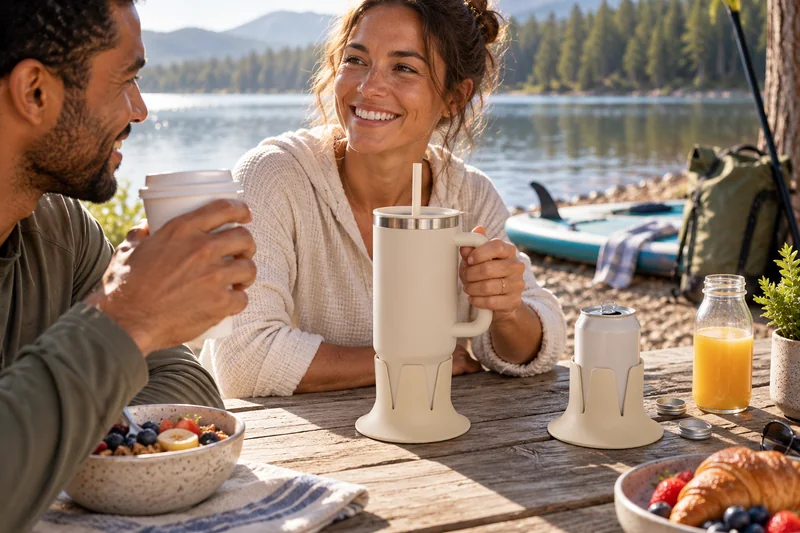 Before paddle morning adult at lakeside breakfast table SUP on shore beside gear. AI lifestyle illustration.