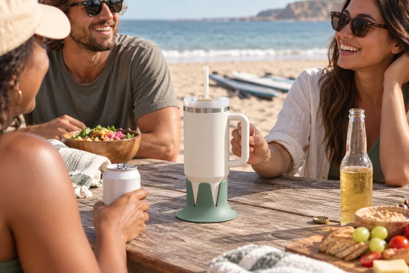 After paddle lunch at broad dry beachside picnic table board safely stored on land. AI lifestyle illustration.