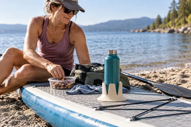 Adult paddleboarder taking snack break with board beached on shore with uncapped reusable water bottle in Steadi on wide level paddleboard deck resting securely on shore, flat area outside bungee. AI illustration.